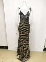 Sling V-neck Black and Gold Plaid Sequined Long Dress