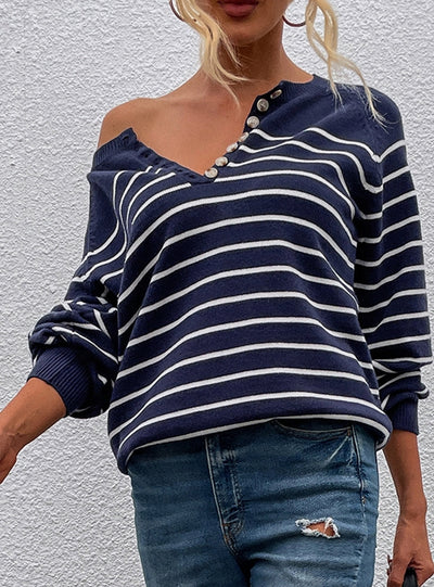 Striped Pullover Button Cardigan Sweater Top
