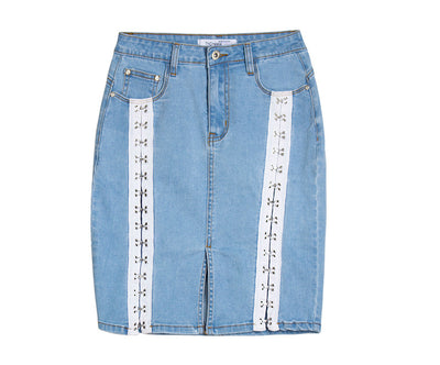 Women Rivet Split Jeans Skirt