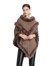 Women Rabbit Fur Collar Shawl Cloak Coat
