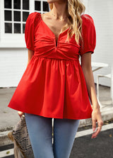 V-neck Short-sleeved Solid Color Shirt