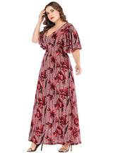 V-neck Short Sleeve Retro Printed High Waist Bohemian Dress