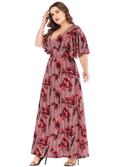 V-neck Short Sleeve Retro Printed High Waist Bohemian Dress