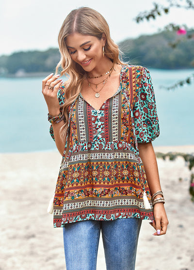 V-neck Short Sleeve Printed Shirt