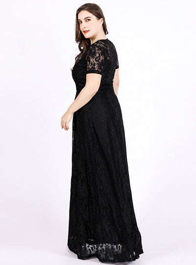 Short-sleeved Round Neck Crochet Evening Dress