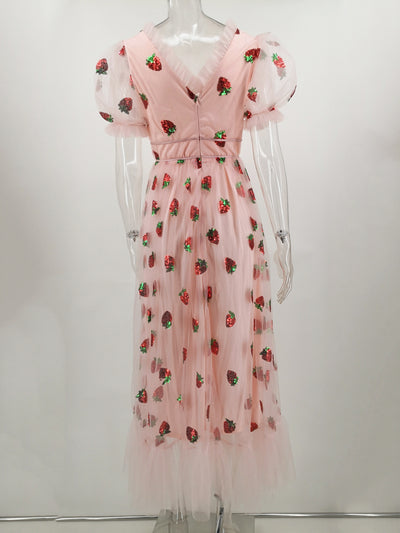 Strawberry Sequined Bubble Sleeves Dress
