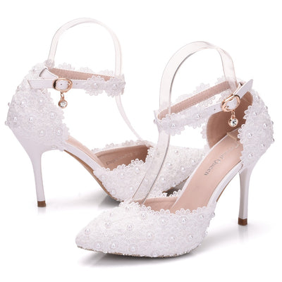 White Lace Flower Stiletto Pointed Wedding Shoes