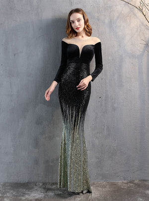 Long Sleeve Velvet Sequins Prom Dress