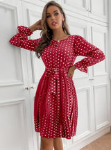 Retro Polka-dot Round Neck Long Sleeve Pleated Dress