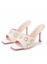 Square Pearl Beaded Chain High Heel Slippers