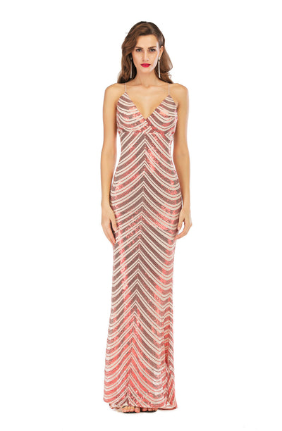 V-neck Backless Stretch Sequined Dress