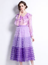 Ruffled Long Sleeve Blouse+Mesh Layer Skirt Suit