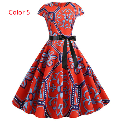 Retro Short Sleeve Printed Round Neck Dress