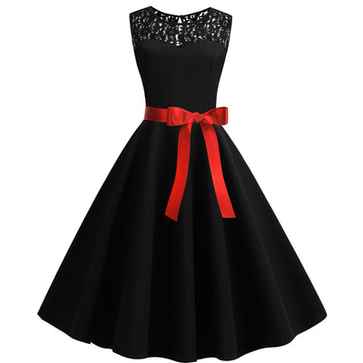 Retro Sleeveless Lace Stitching Dress
