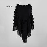Fringe Fur Ball Beaded Round Neck Sweater Cloak