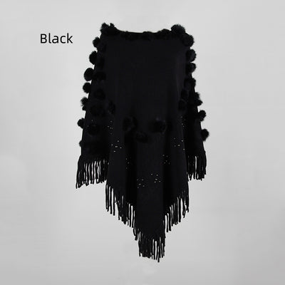 Fringe Fur Ball Beaded Round Neck Sweater Cloak