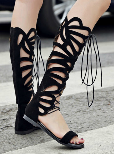 Knee High Gladiator Sandals Lace Up Flats Heel 
