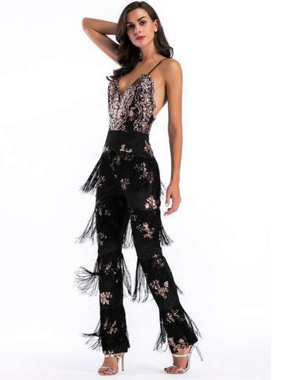 Fringed Sequined Spliced Jumpsuit