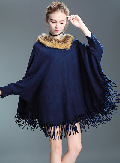 Wool Collar Tassel Bat Sleeve Shawl Cape