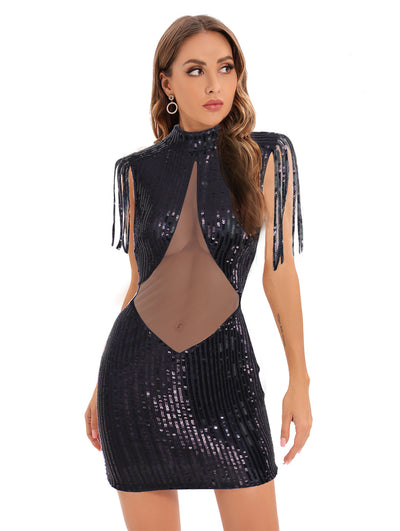Sexy Perspective Mesh Stitching Sequined Dress