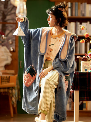 Strawberry Coral Fleece Pajamas Bathrobe Warm Hooded