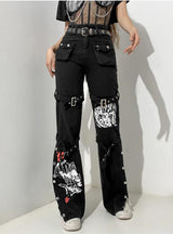 Printed Slit Pockets Straight Pants Jeans