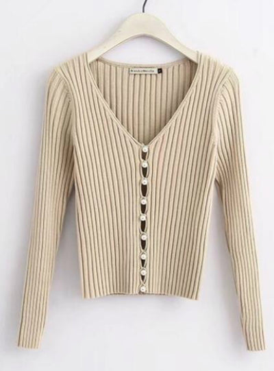 Woman Deep V-neck Long Sleeve Pearl Cardigan Sweater
