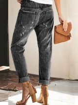 Trousers Elastic Drawstring Holes Jeans