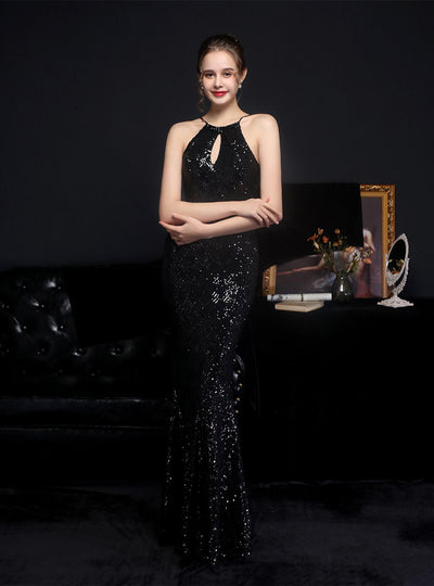 Long Halter Sequined Fishtail Evening Dress