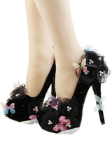 Black Butterfly Flowers Bridal Shoes Stiletto Heels