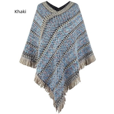 Contrast Striped Fringed Pullover Cape Shawl