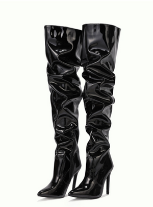 Elastic Pointed Patent Leather Over Knee Boots