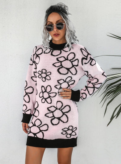 Women Flower Knitted Sweater Dress