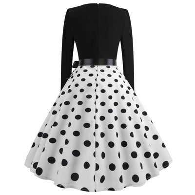 Retro Long Sleeve Polka Dot Print Dress