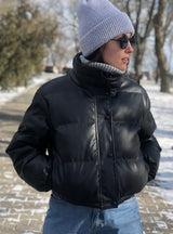 Women PU Leather Winter Thick Warm Short Parkas