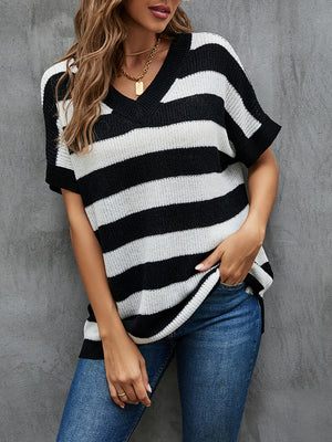 Striped Color Matching Short Sleeve V-neck Sweater