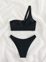 Black One-shoulder Split Bikini