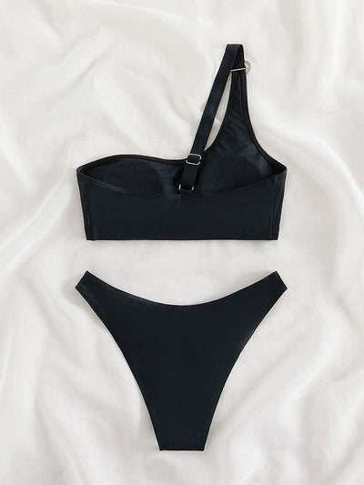 Black One-shoulder Split Bikini