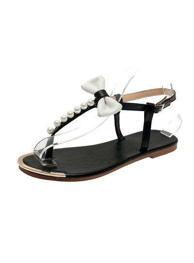 Pearl Bow Round-headed Flat Sandals