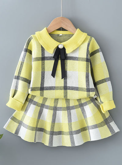Girls Large Plaid Stripes Knitted Dress