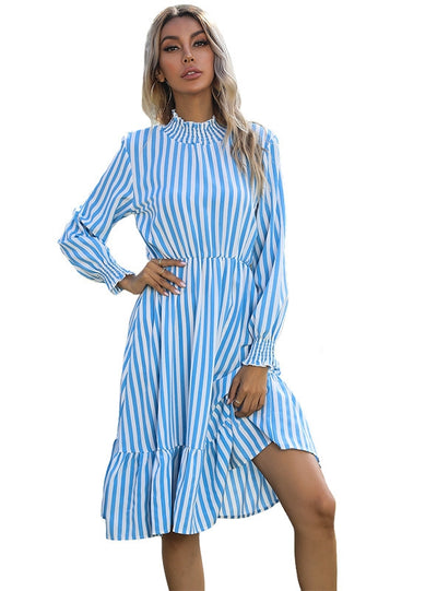 Vertical Striped Long-sleeved Pullover Dress