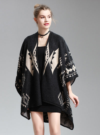 Women's Jacquard Shawl Long Knitted Cardigan