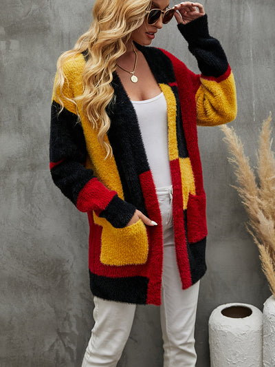 Sable-like V-neck Stitching Contrast Cardigan Sweater