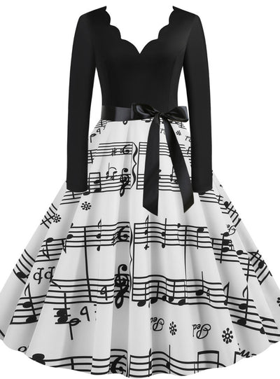 Long Sleeve Musical Note Print Dress