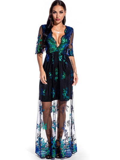 Retro V-neck Sequined Long Dress