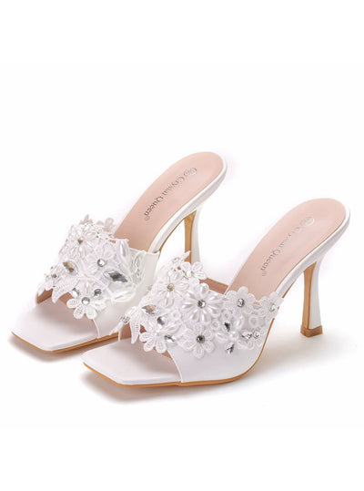 White Lace Rhinestone Square Slippers