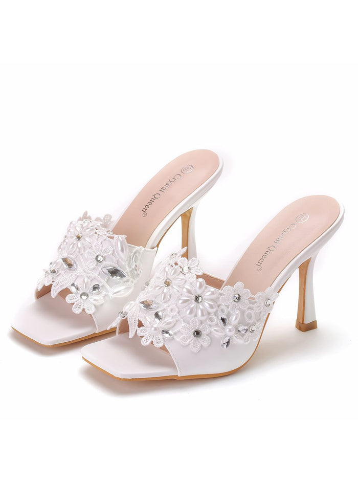 White Lace Rhinestone Square Slippers