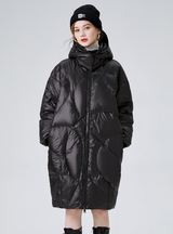 Black Glossy Thick Loose Hooded White Duck Down Coat