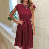 Summer Lace-up Solid Color Pleated Dress