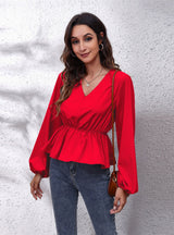 Lantern Chiffon V-neck Long-sleeved Blouse Shirt